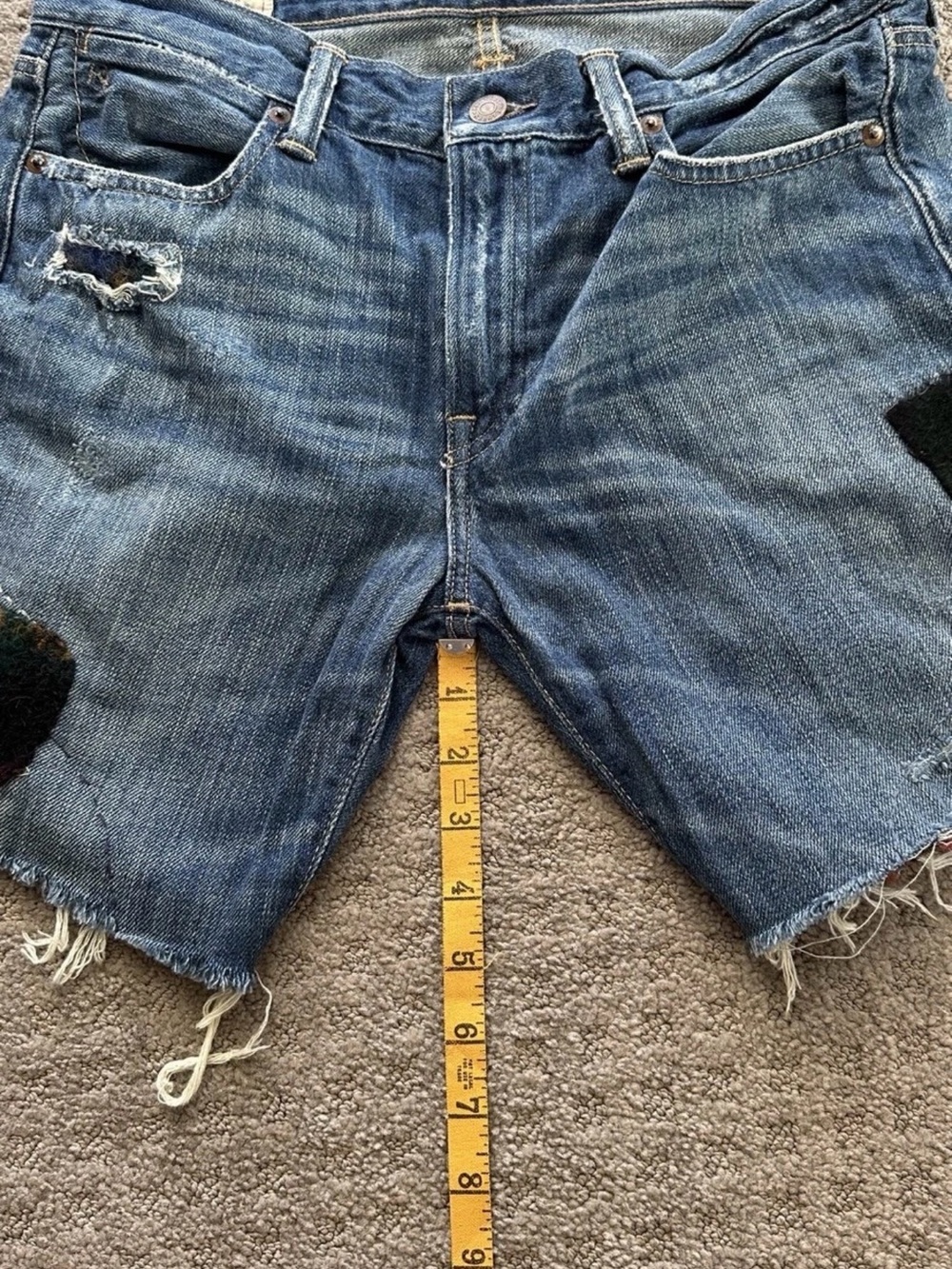 Polo by Ralph Lauren Blue Distressed Denim Shorts with Plaid Patches size 27 - Picture 4 of 10